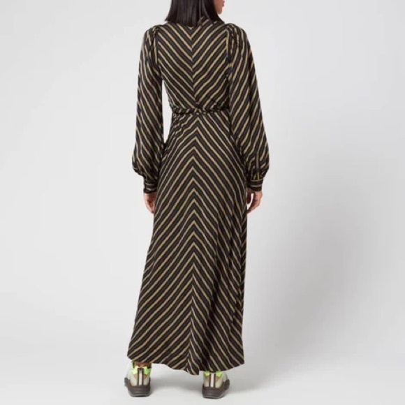 GANNI Striped Long Sleeve Wrap Maxi Dress Size EU 36/S/US 4 Black Gold - Picture 3 of 16